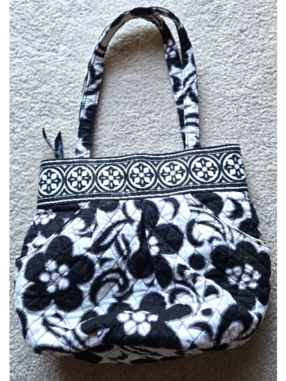 Vera Bradley Purse Black and White Double Handle Floral and Geometric Design